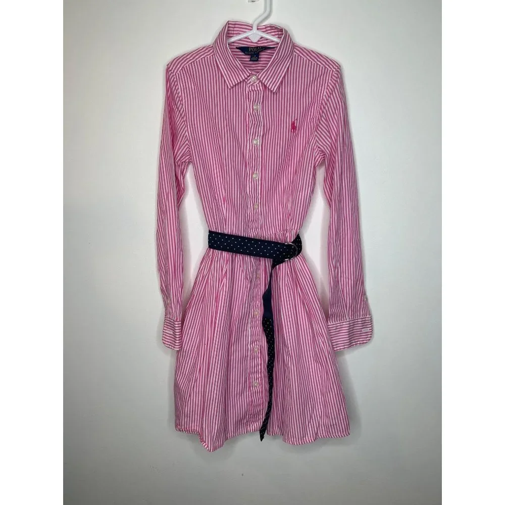 Polo Ralph Lauren Girls Pink & White Striped Long Sleeve Shirt Dress Sz 12